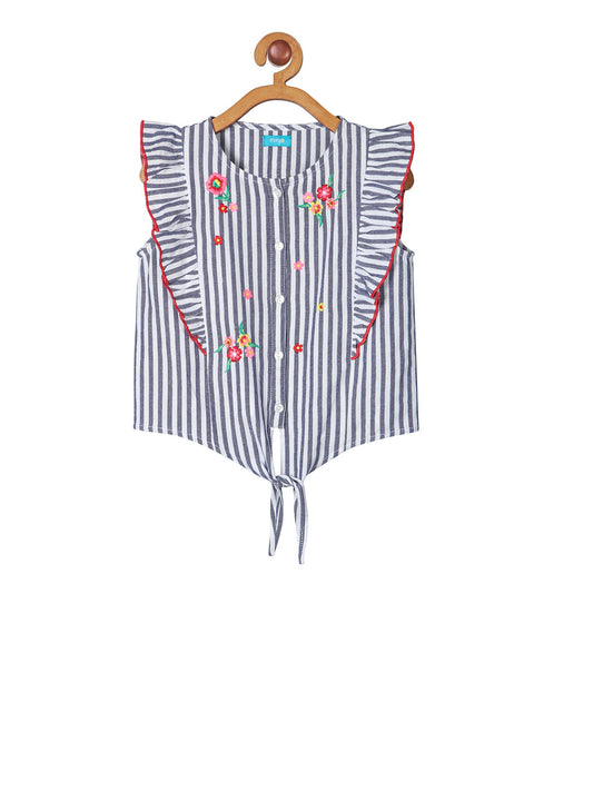 Blue and white striped girls sleeveless top with floral embroidery, ruffle detailing and tie-up hem