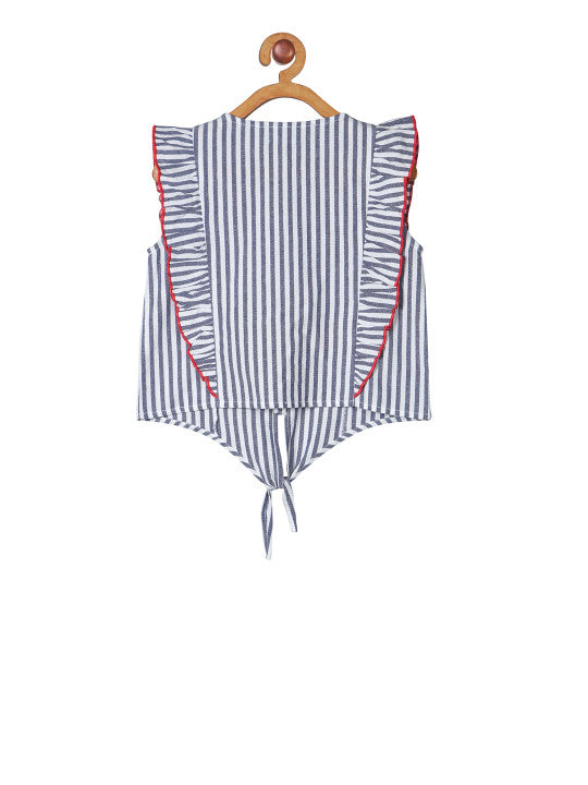 Blue and white striped girls sleeveless top with floral embroidery, ruffle detailing and tie-up hem