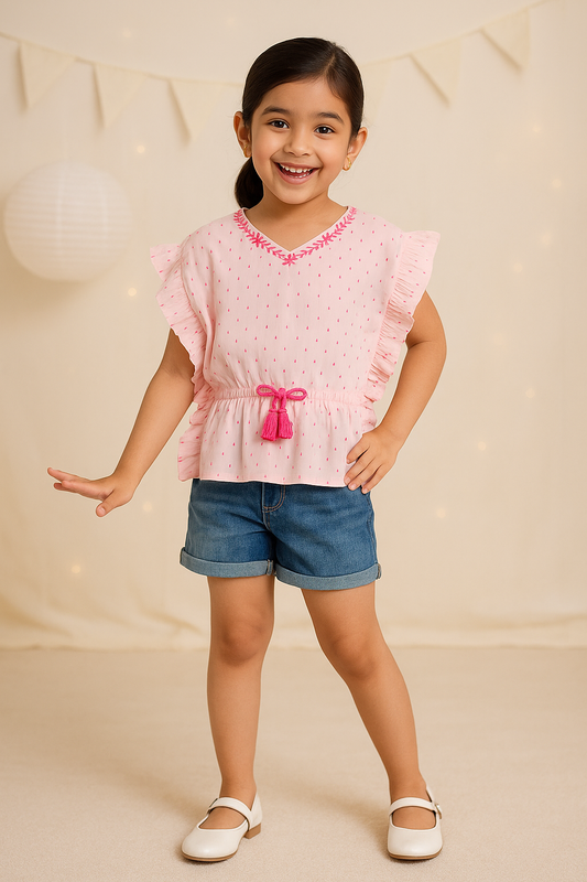 Pink girls sleeveless top with contrast white trim and graphic detailing