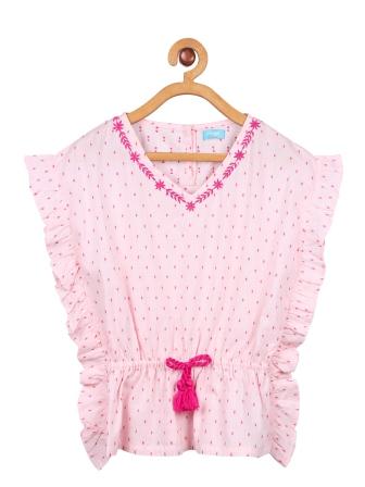 Pink girls sleeveless top with contrast white trim and graphic detailing