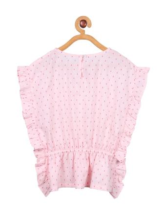 Pink girls sleeveless top with contrast white trim and graphic detailing