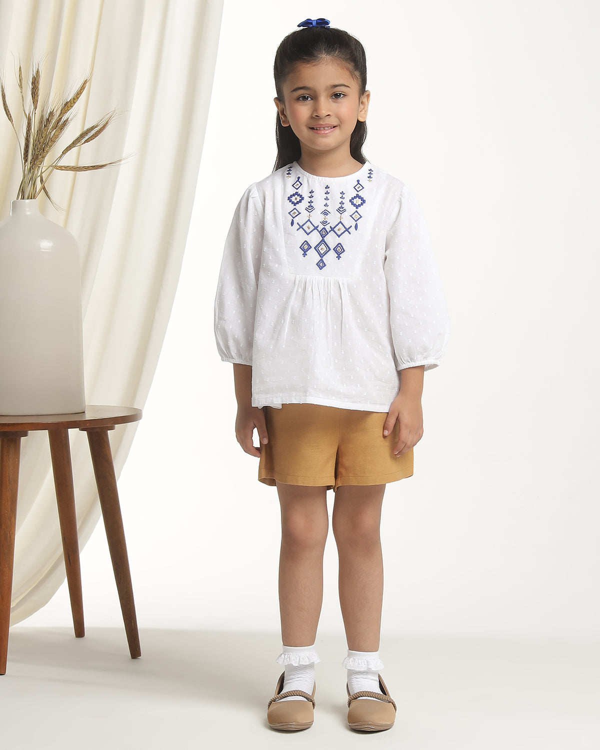 Girls Embroidered Puff Sleeve Top