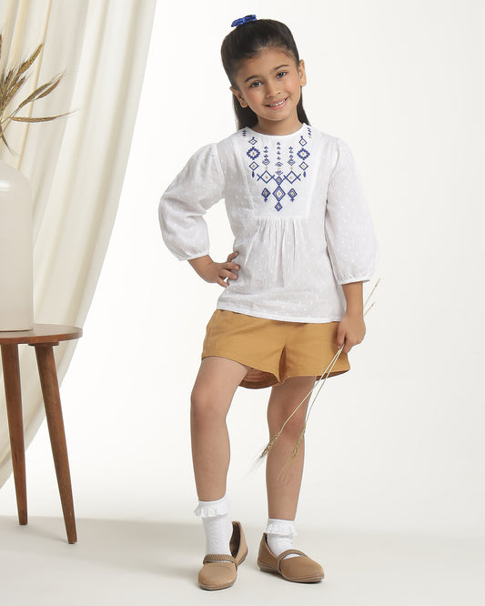 Girls Embroidered Puff Sleeve Top