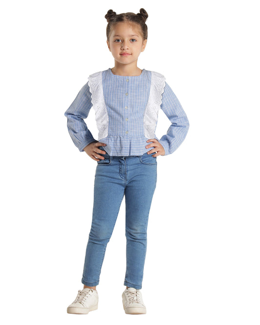 Blue and white striped girls long sleeve top with ruffle front detailing