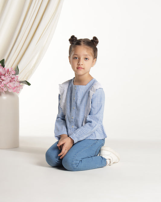 Blue and white striped girls long sleeve top with ruffle front detailing