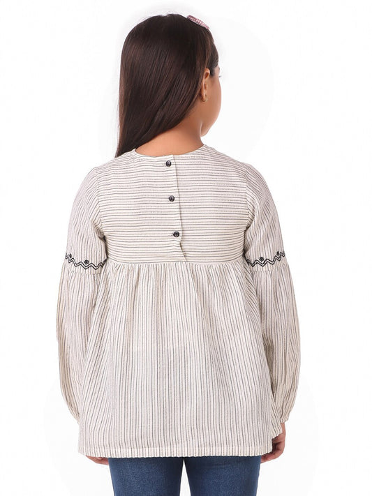 Beige girls long sleeve printed top with ruffle detailing and casual fit