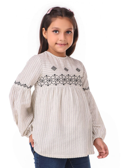 Beige girls long sleeve printed top with ruffle detailing and casual fit