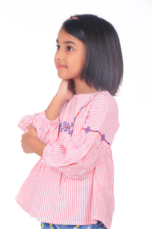 Girls Pink Striped Embroidered Top