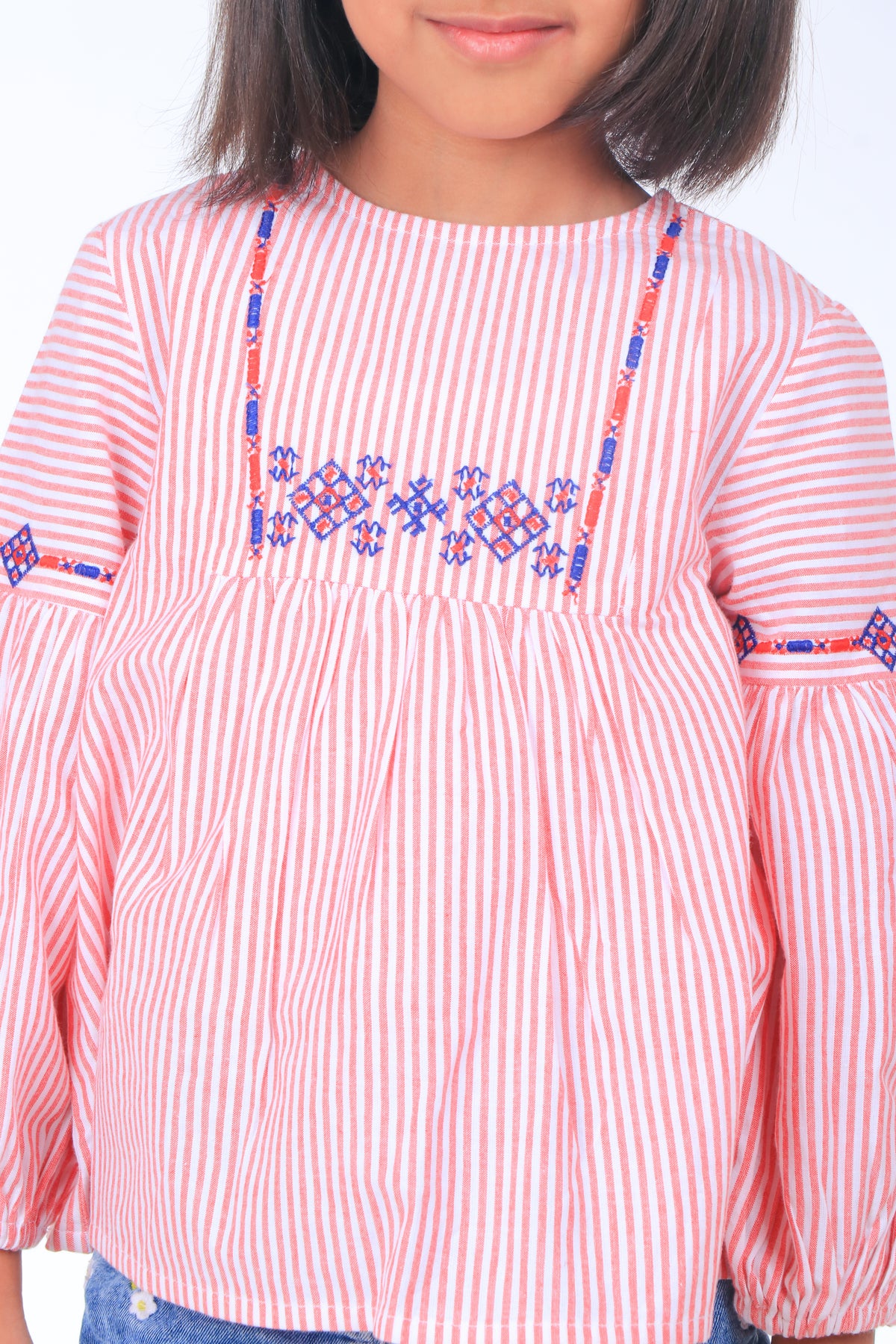 Girls Pink Striped Embroidered Top