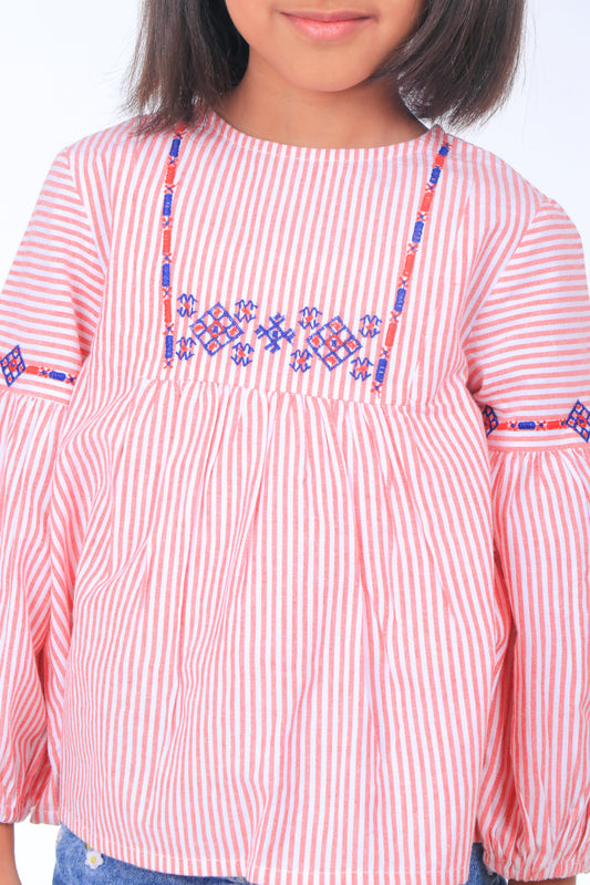Girls Pink Striped Embroidered Top