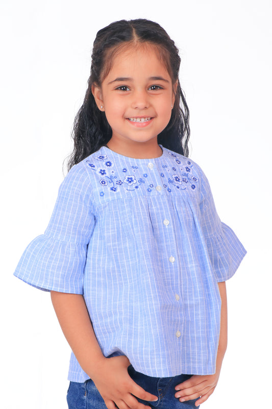 Girls Blue Embroidered Casual Top