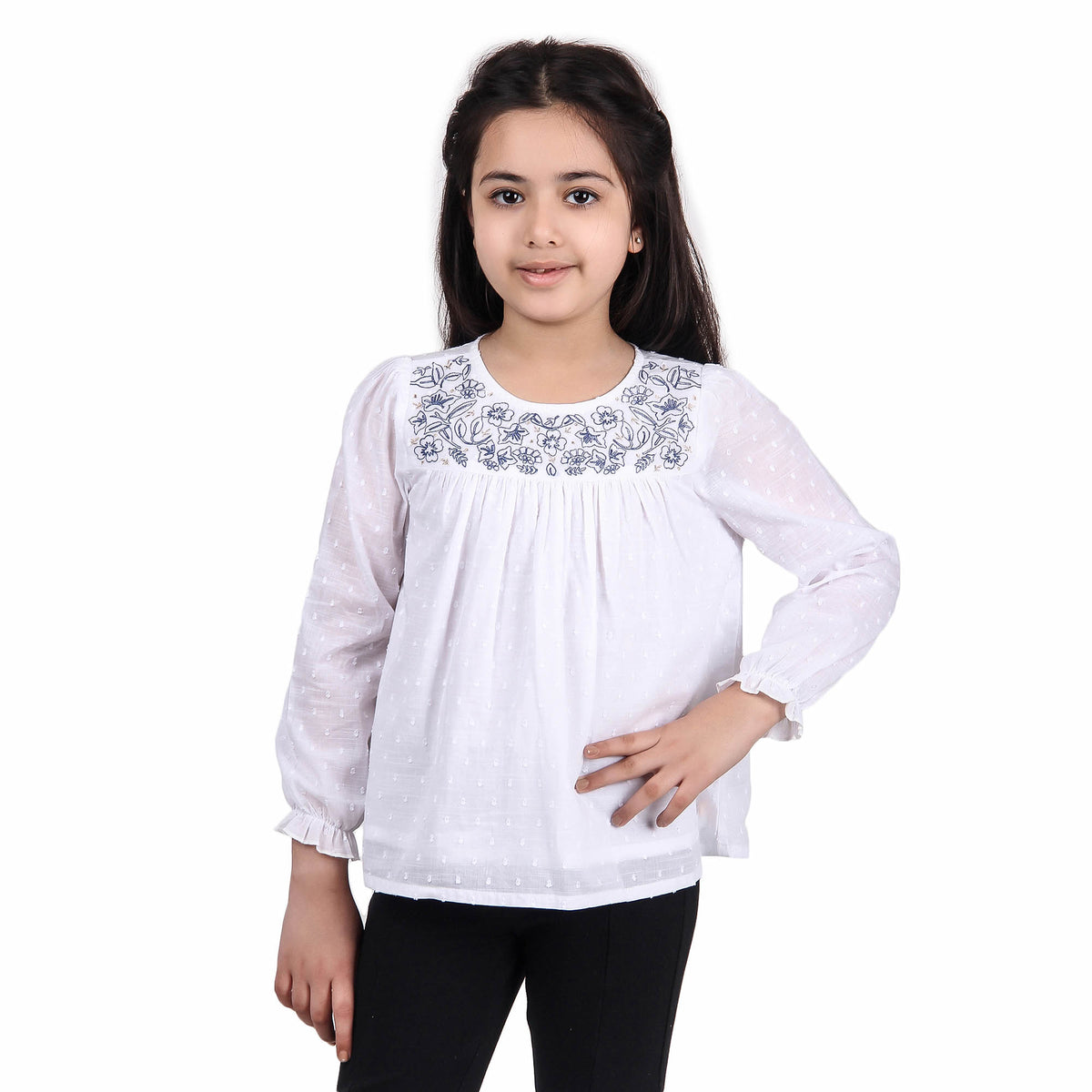 White girls long sleeve top with ruffle neckline and printed detailing