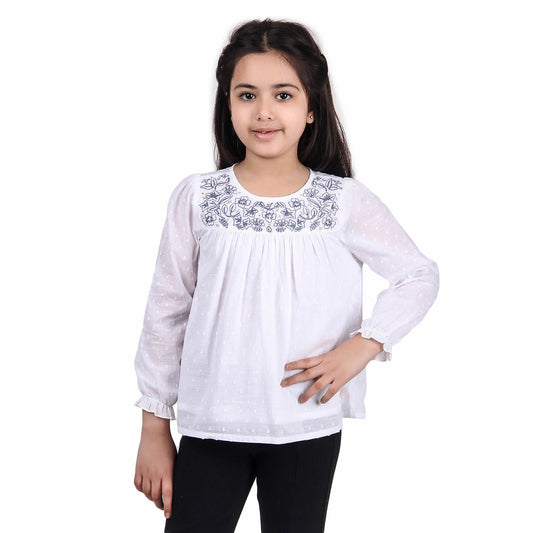 White girls long sleeve top with ruffle neckline and printed detailing