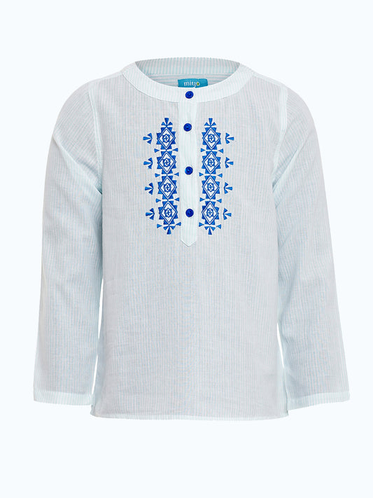 Blue and white girls long sleeve top with ruffle front detailing