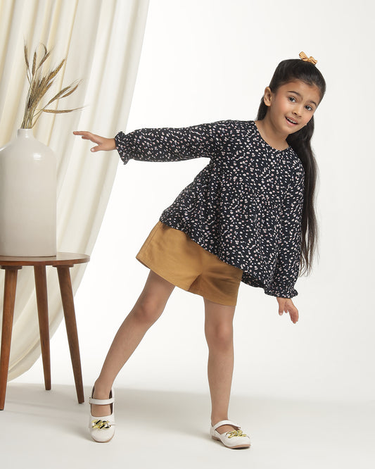Black girls floral printed long sleeve top with ruffle detailing