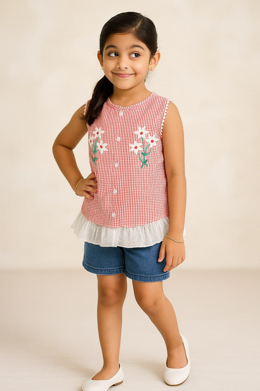 Pink girls sleeveless A-line dress with floral applique and contrast detailing
