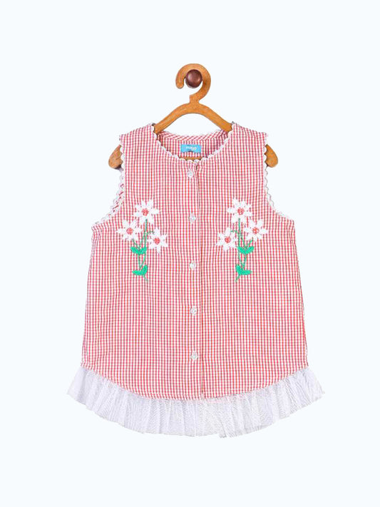 Pink girls sleeveless A-line dress with floral applique and contrast detailing