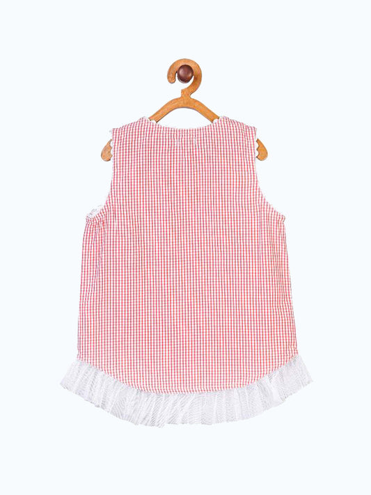 Pink girls sleeveless A-line dress with floral applique and contrast detailing