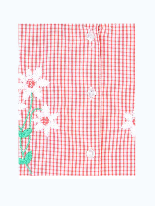 Pink girls sleeveless A-line dress with floral applique and contrast detailing