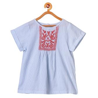 White and blue girls short sleeve dress with red graphic print and flared hem