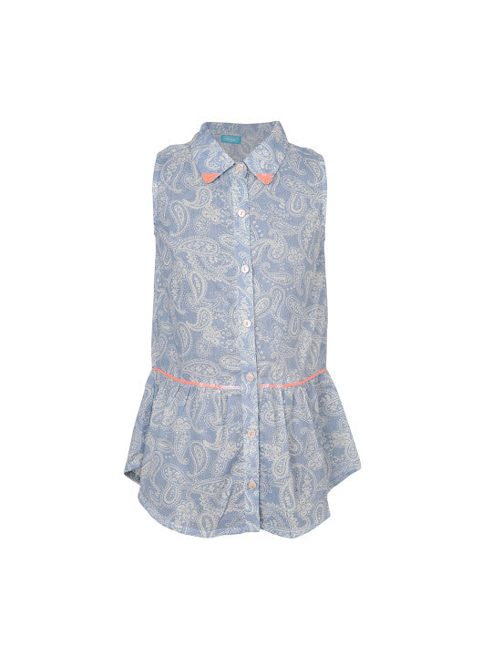 Blue and white floral printed girls sleeveless romper with ruffle detailing and shorts