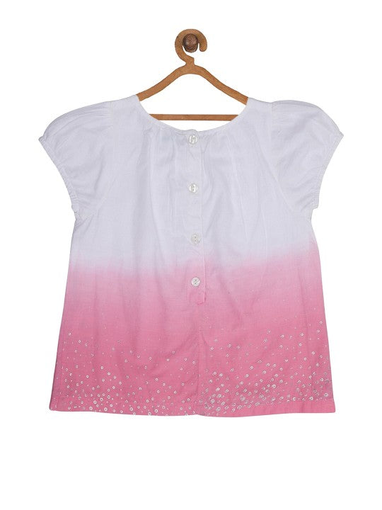 White and pink ombre girls short sleeve A-line dress with flared hem