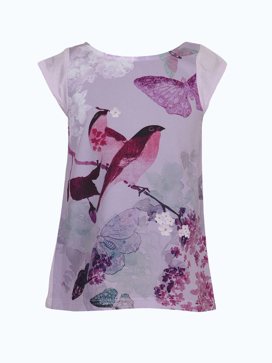 White girls short sleeve top with pink and purple butterfly graphic print