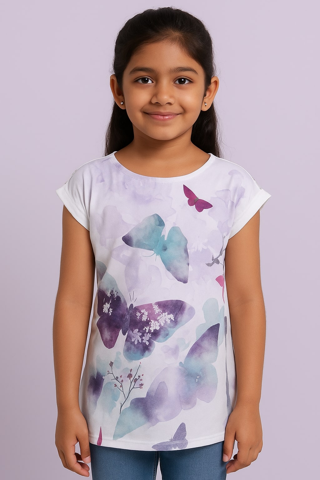 White girls short sleeve top with colourful butterfly print and ruffle detailing