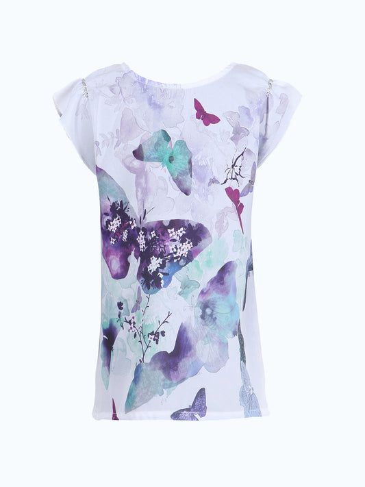 White girls short sleeve top with colourful butterfly print and ruffle detailing