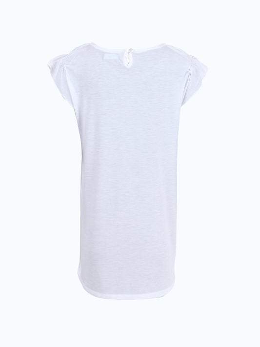 White girls short sleeve top with colourful butterfly print and ruffle detailing