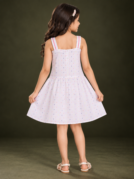White girls sleeveless top with peach floral embroidery and ruffle detailing
