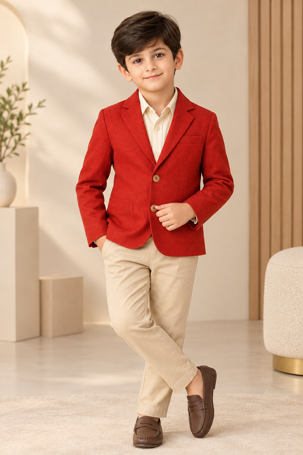 Red boys long sleeve casual jacket with front button closure and contrast detailing

