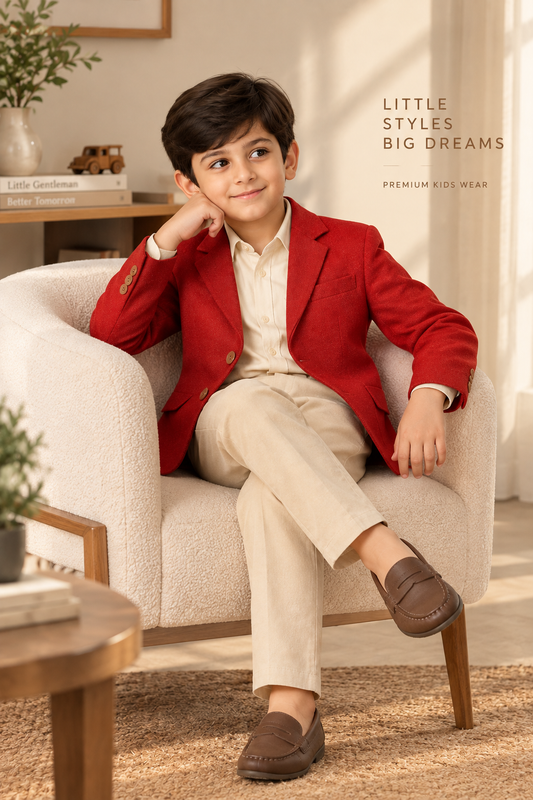 Red boys long sleeve casual jacket with front button closure and contrast detailing
