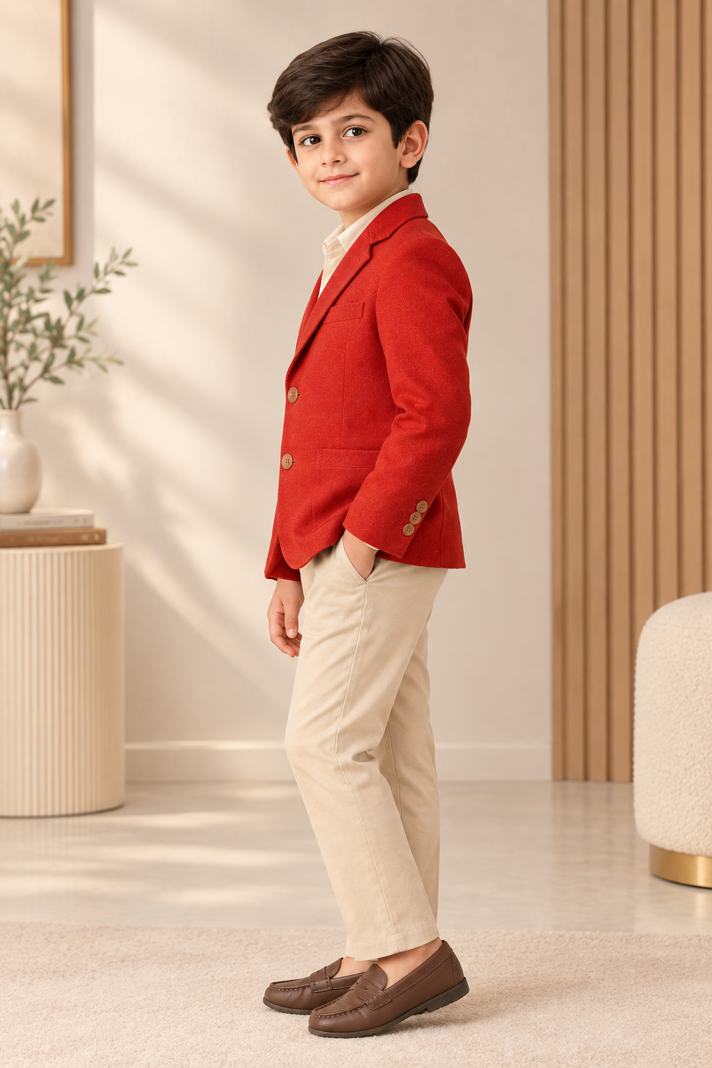 Red boys long sleeve casual jacket with front button closure and contrast detailing
