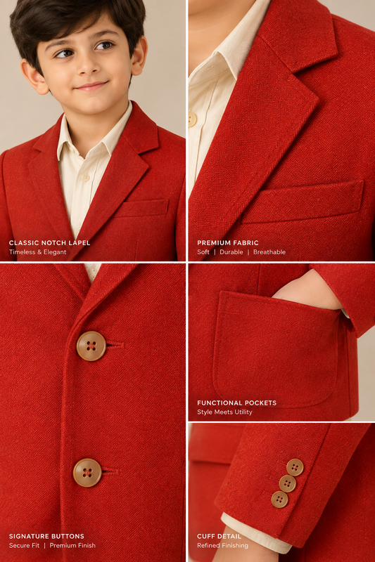 Red boys long sleeve casual jacket with front button closure and contrast detailing
