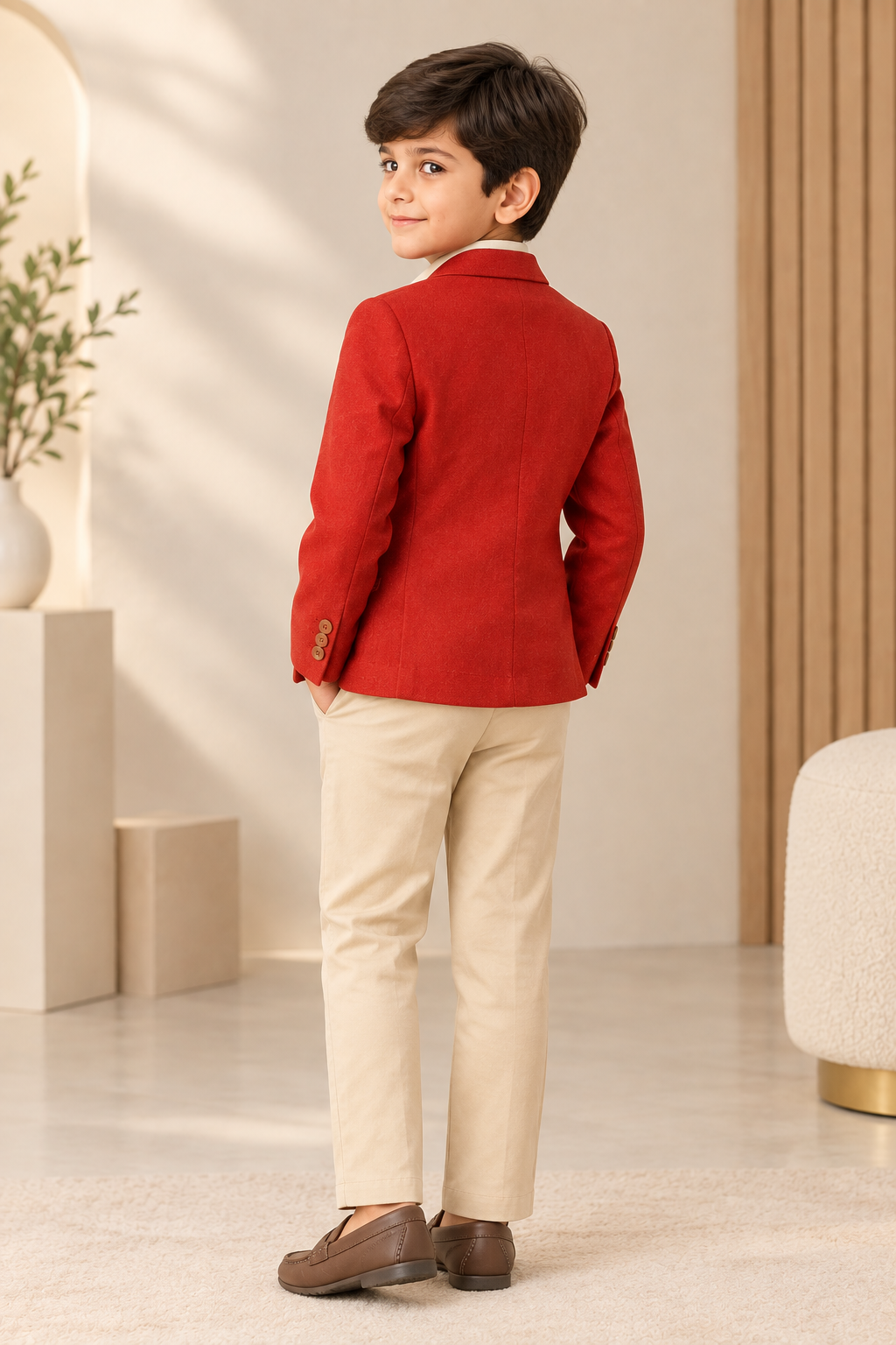 Red boys long sleeve casual jacket with front button closure and contrast detailing
