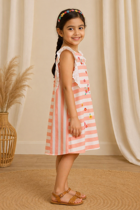 Pink and white striped girls sleeveless maxi dress with ruffle detailing and tiered hem