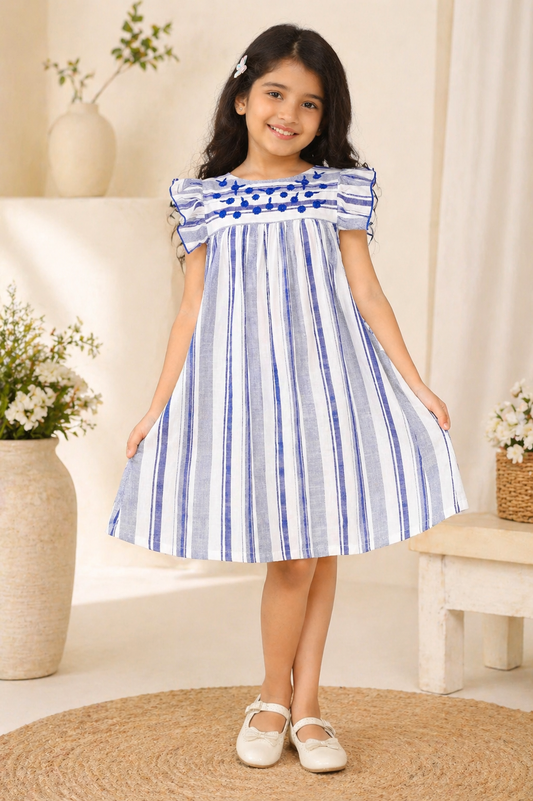White and blue striped girls sleeveless dress with ruffle sleeves and gathered waist