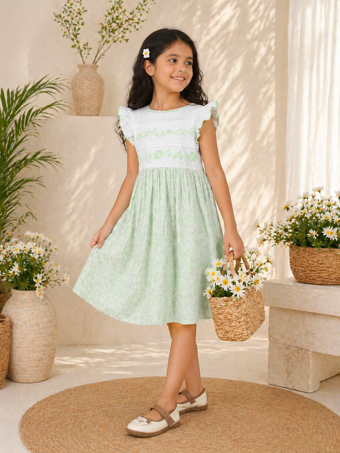 Mint green girls sleeveless co-ord set with ruffle top and matching wide-leg pants