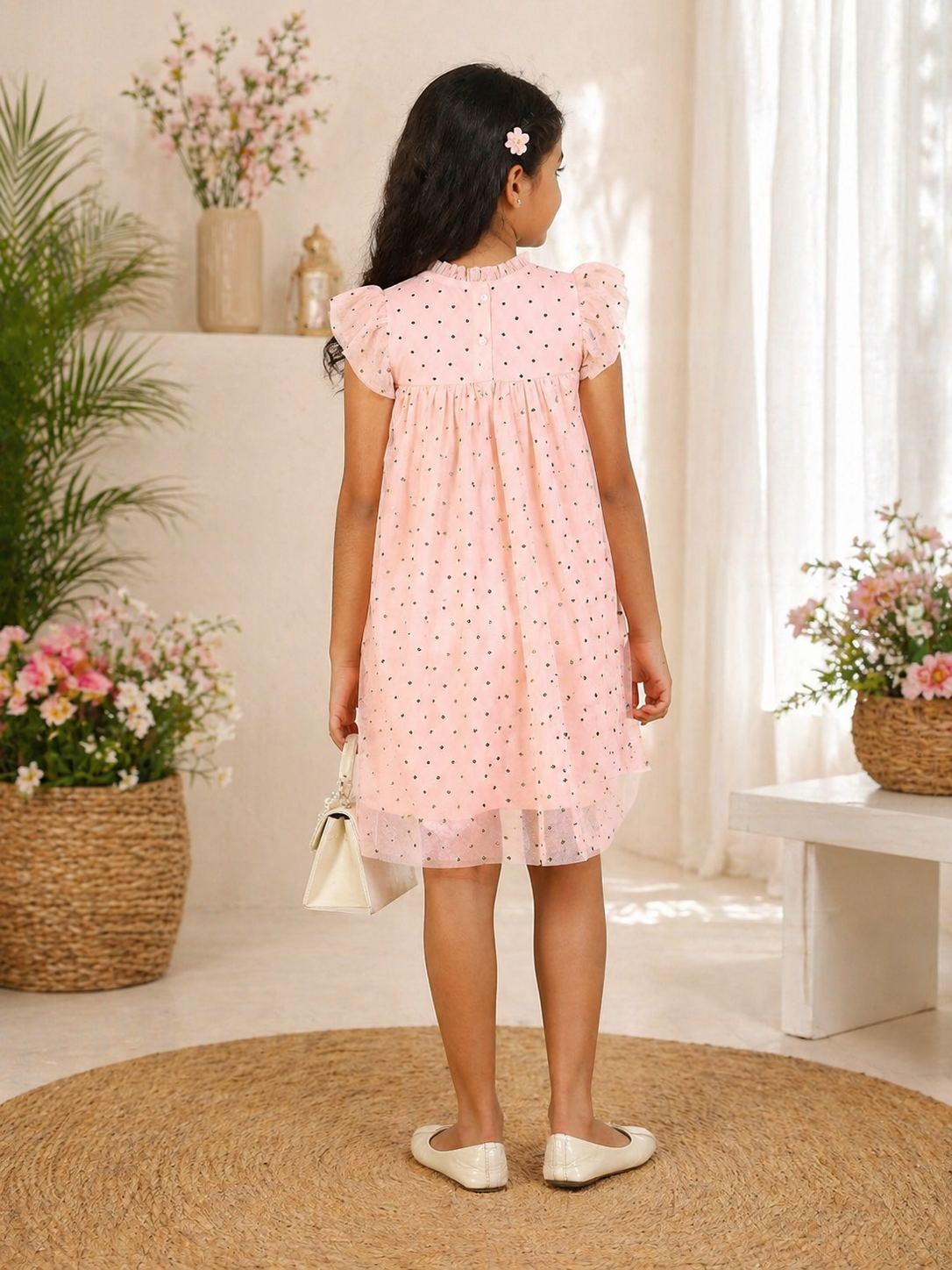 Peach girls short sleeve A-line dress with ruffle detailing and flared hem