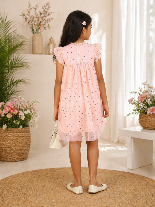 Peach girls short sleeve A-line dress with ruffle detailing and flared hem