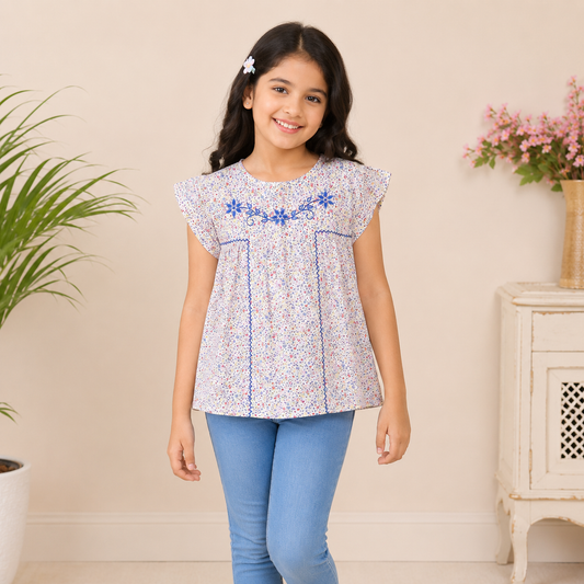 Blue and white striped girls short sleeve dress with ruffle detailing and gathered waist