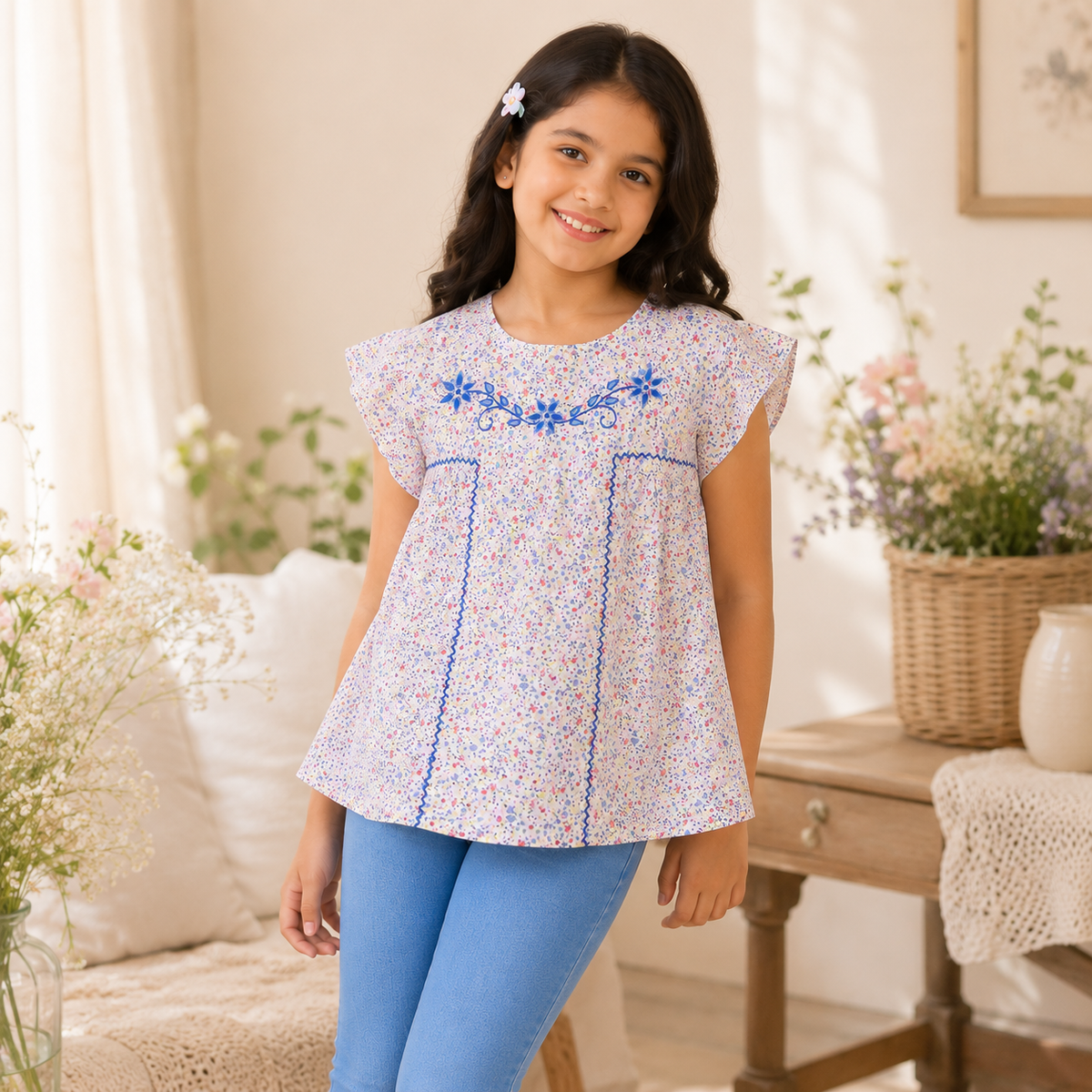 Blue and white striped girls short sleeve dress with ruffle detailing and gathered waist