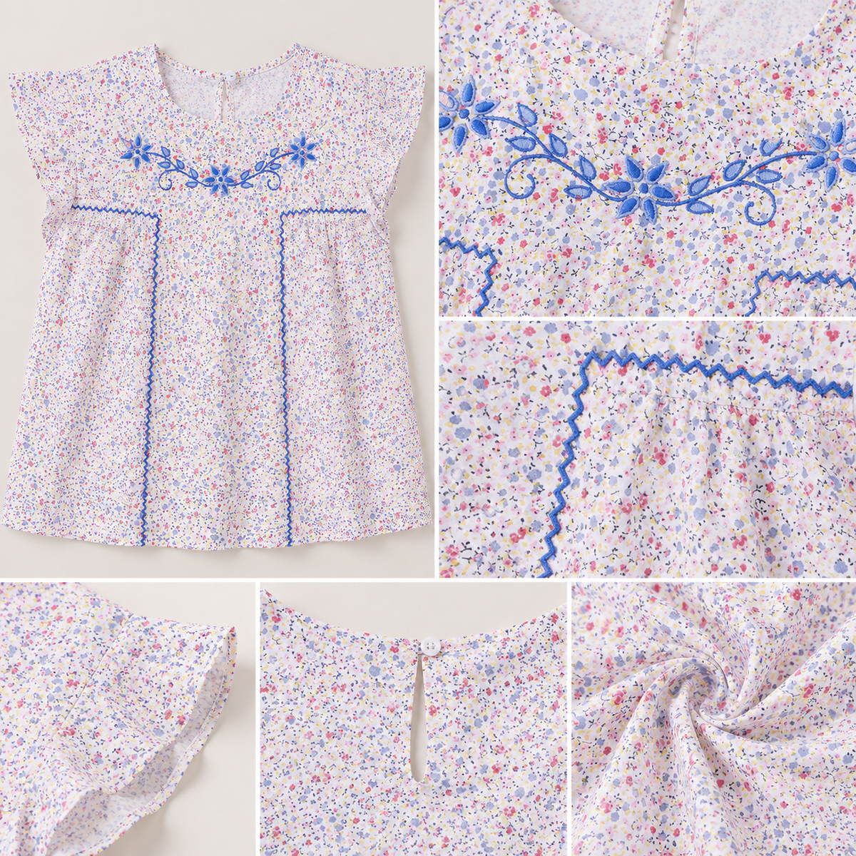 Blue and white striped girls short sleeve dress with ruffle detailing and gathered waist