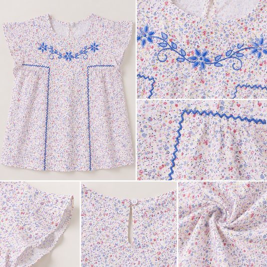 Blue and white striped girls short sleeve dress with ruffle detailing and gathered waist