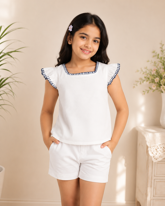 White girls sleeveless top with ruffle sleeves and minimal detailing