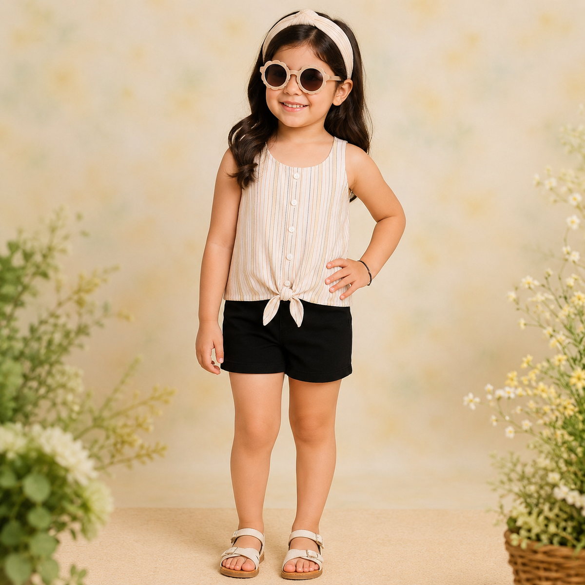 Beige girls sleeveless top with black ruffle trim and bow detailing