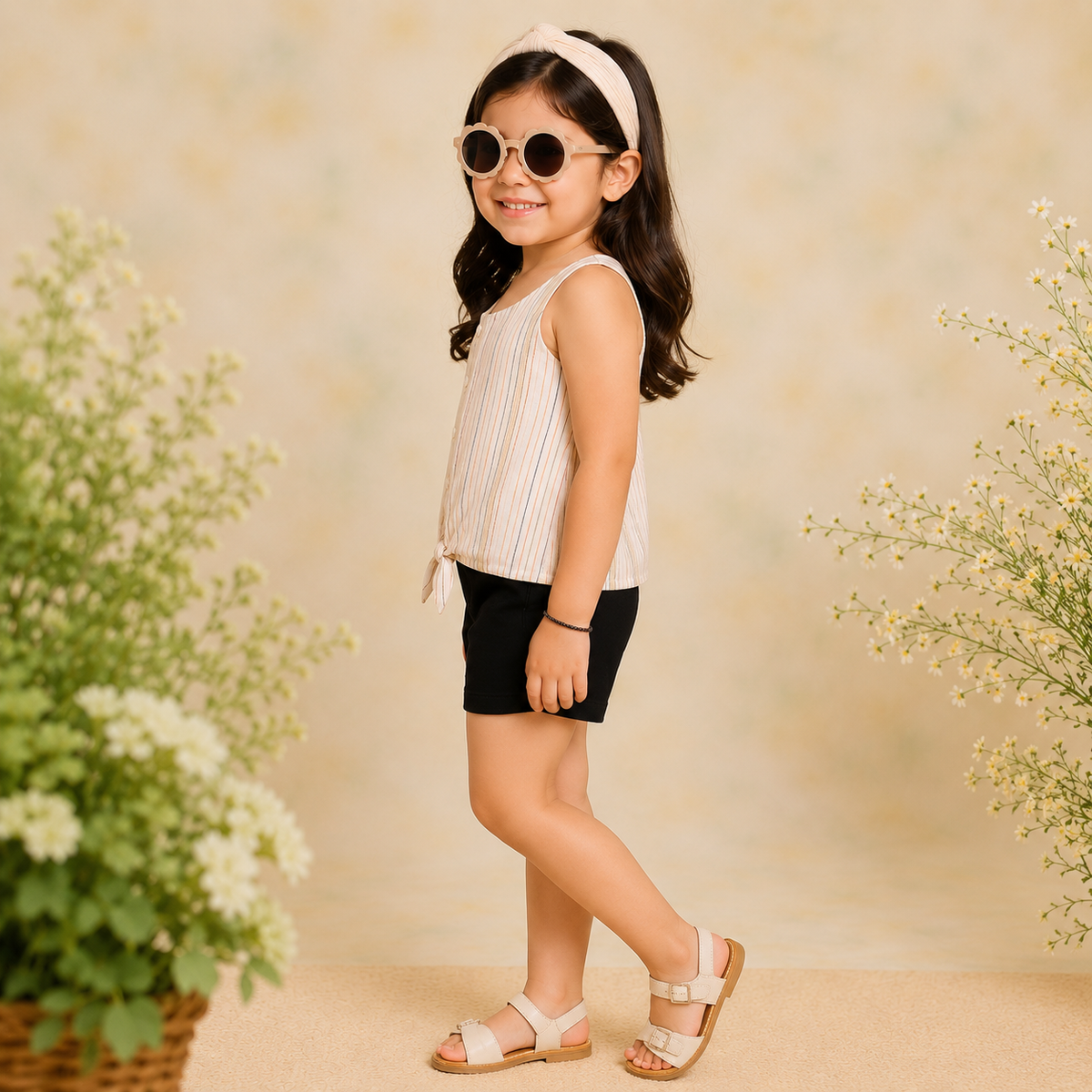 Beige girls sleeveless top with black ruffle trim and bow detailing