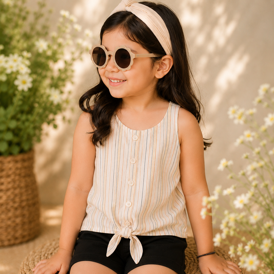 Beige girls sleeveless top with black ruffle trim and bow detailing