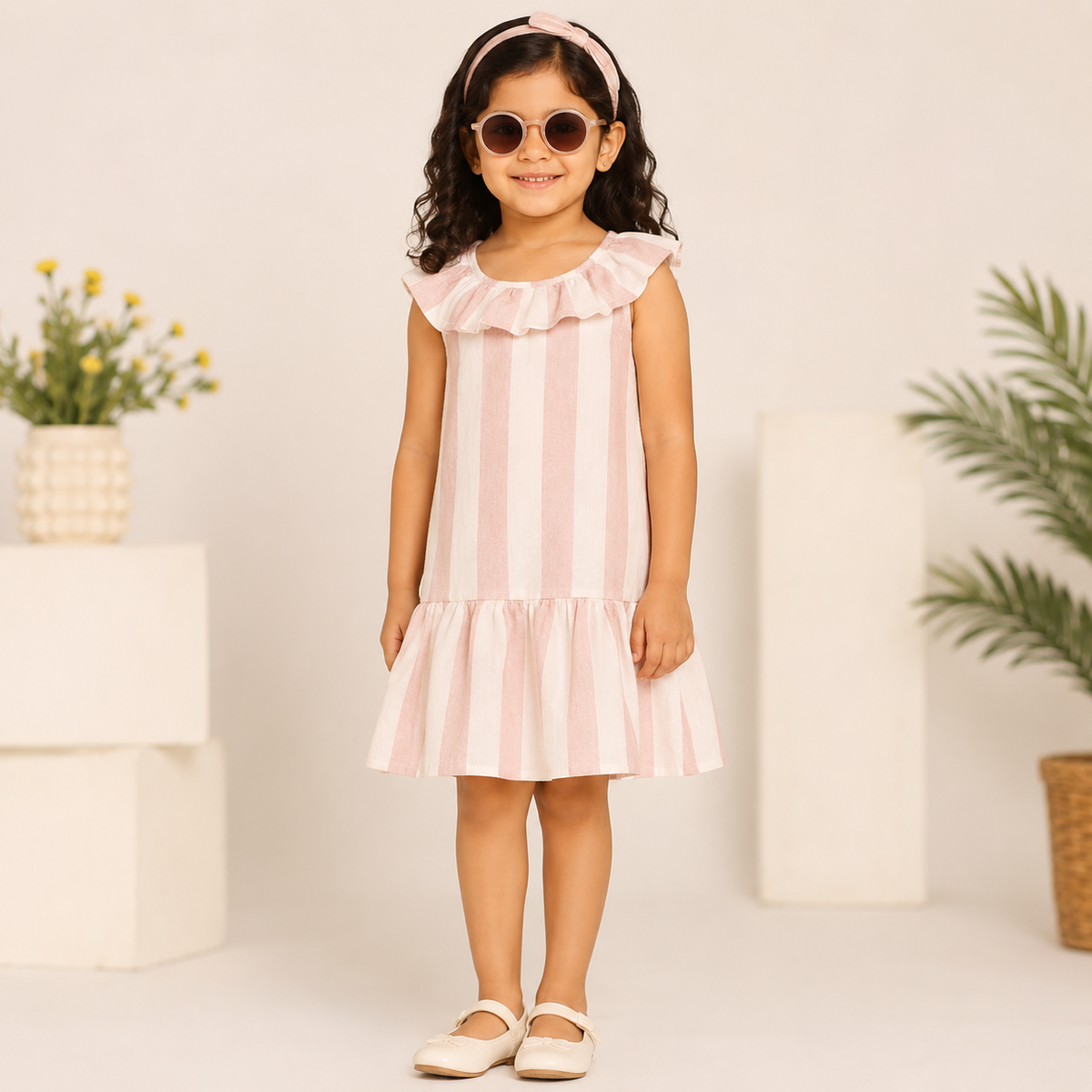 Peach floral printed girls sleeveless dress with gathered waist and flared hem